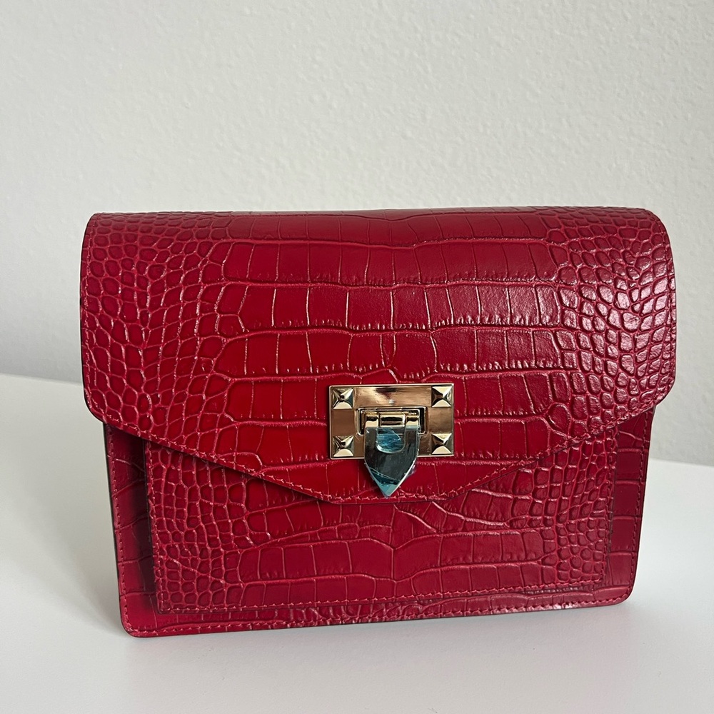 Red Crocodile Embossed Crossbody Bag with Gold Hardware